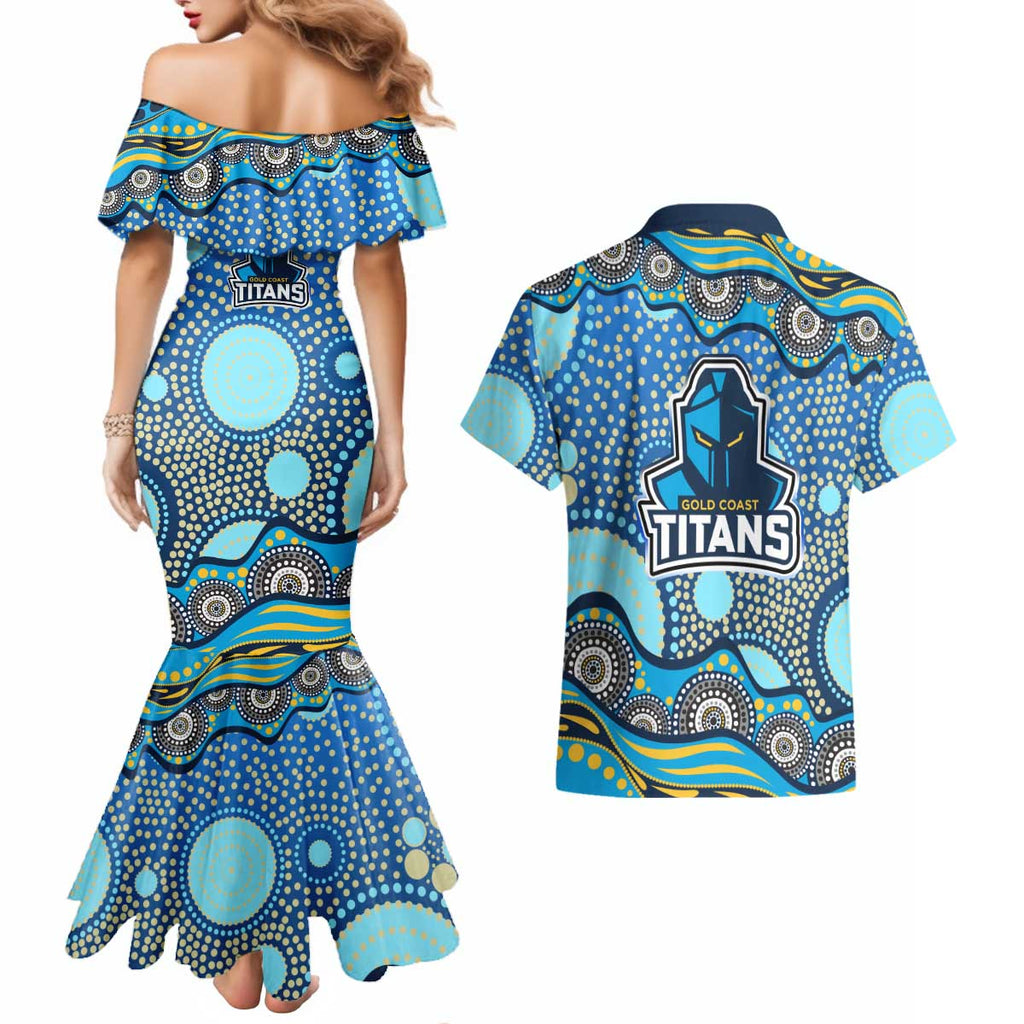 Gold Coast Titans Couples Matching Mermaid Dress and Hawaiian Shirt Aboriginal Dot Pattern - Rugby Mascot Heritage Pride