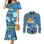 Gold Coast Titans Couples Matching Mermaid Dress and Long Sleeve Button Shirt Aboriginal Dot Pattern - Rugby Mascot Heritage Pride