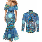 Gold Coast Titans Couples Matching Mermaid Dress and Long Sleeve Button Shirt Aboriginal Dot Pattern - Rugby Mascot Heritage Pride