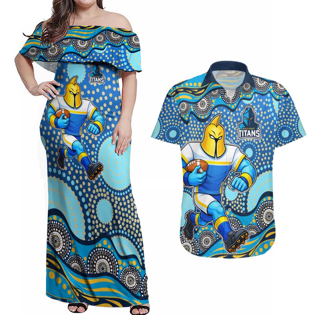 Gold Coast Titans Couples Matching Off Shoulder Maxi Dress and Hawaiian Shirt Aboriginal Dot Pattern - Rugby Mascot Heritage Pride