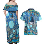 Gold Coast Titans Couples Matching Off Shoulder Maxi Dress and Hawaiian Shirt Aboriginal Dot Pattern - Rugby Mascot Heritage Pride