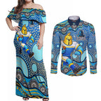 Gold Coast Titans Couples Matching Off Shoulder Maxi Dress and Long Sleeve Button Shirt Aboriginal Dot Pattern - Rugby Mascot Heritage Pride