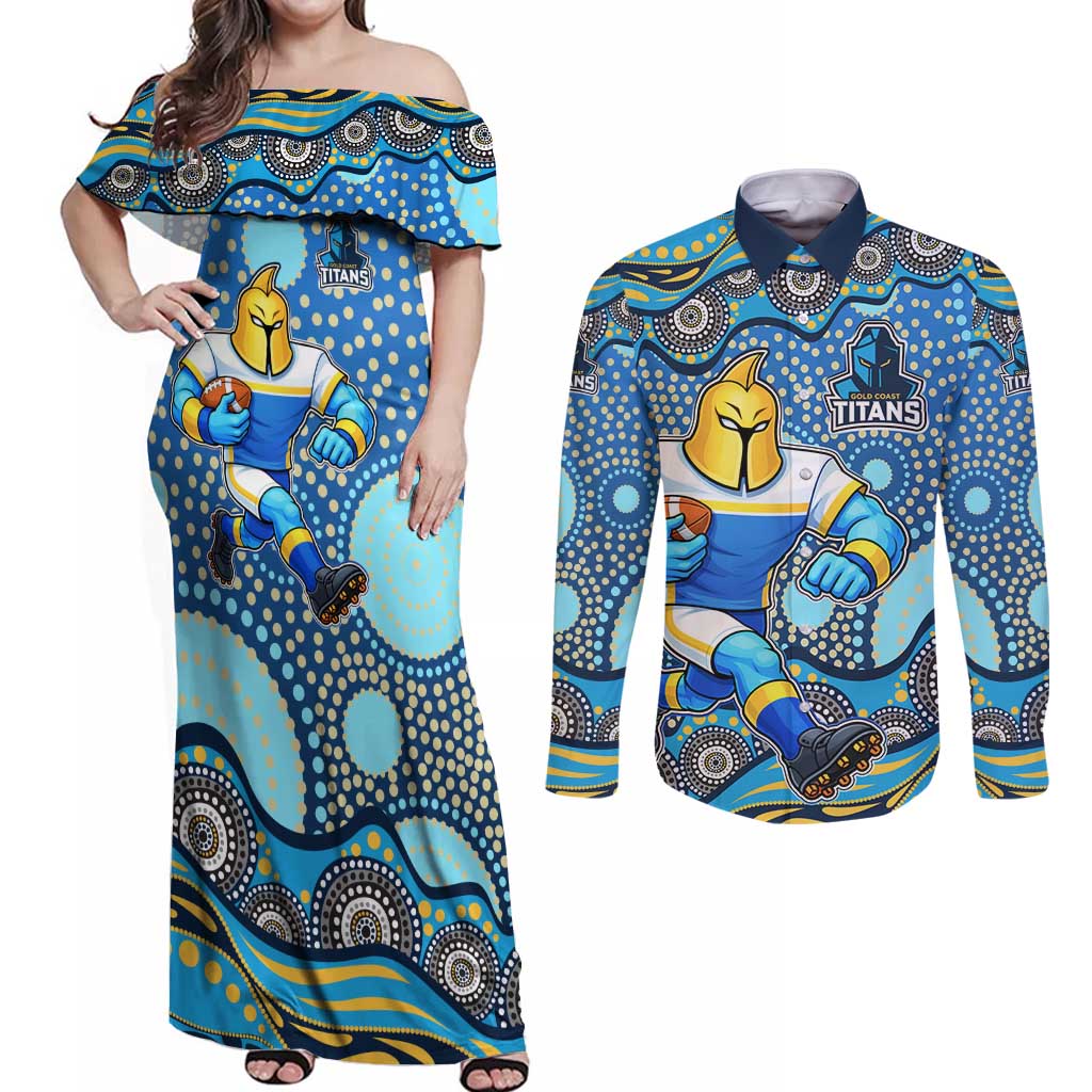 Gold Coast Titans Couples Matching Off Shoulder Maxi Dress and Long Sleeve Button Shirt Aboriginal Dot Pattern - Rugby Mascot Heritage Pride