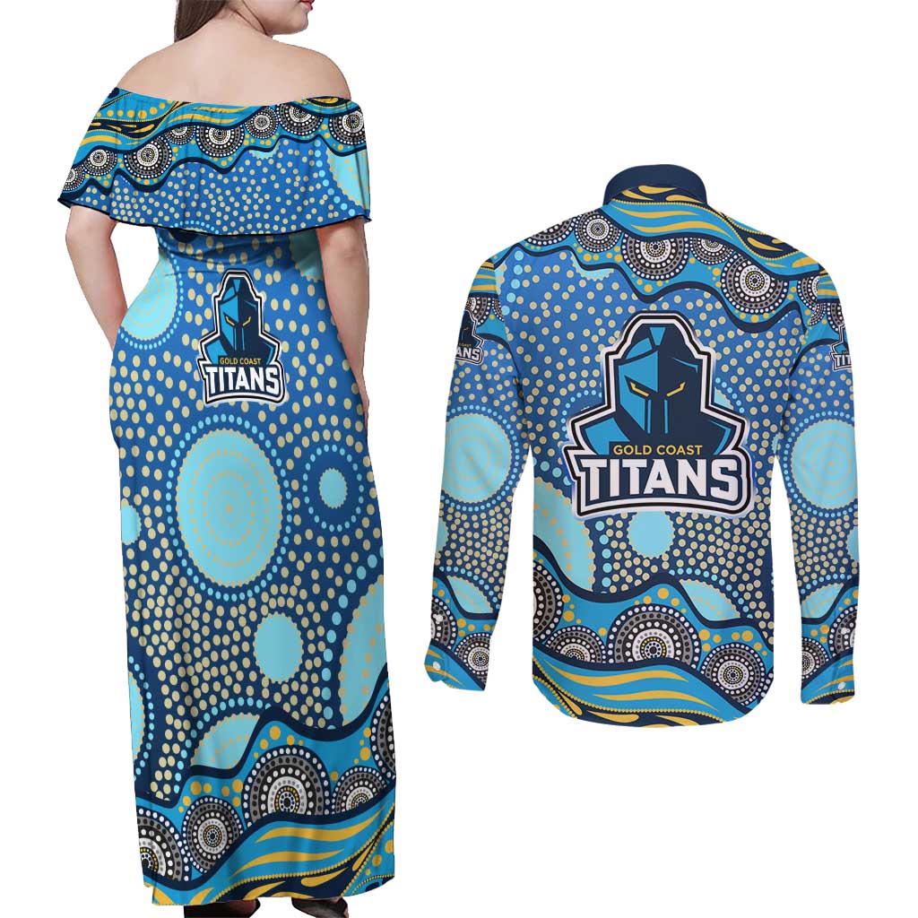 Gold Coast Titans Couples Matching Off Shoulder Maxi Dress and Long Sleeve Button Shirt Aboriginal Dot Pattern - Rugby Mascot Heritage Pride
