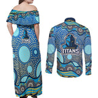 Gold Coast Titans Couples Matching Off Shoulder Maxi Dress and Long Sleeve Button Shirt Aboriginal Dot Pattern - Rugby Mascot Heritage Pride