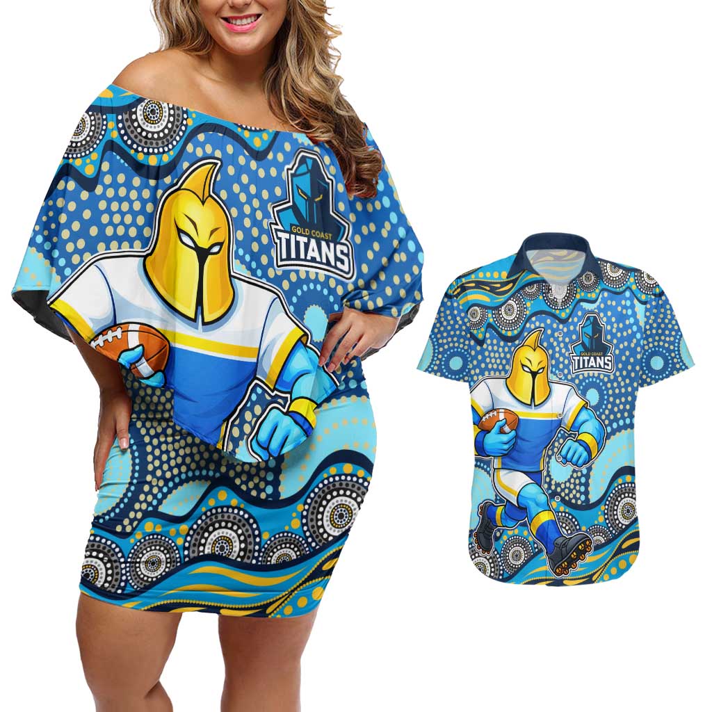 Gold Coast Titans Couples Matching Off Shoulder Short Dress and Hawaiian Shirt Aboriginal Dot Pattern - Rugby Mascot Heritage Pride