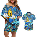 Gold Coast Titans Couples Matching Off Shoulder Short Dress and Hawaiian Shirt Aboriginal Dot Pattern - Rugby Mascot Heritage Pride