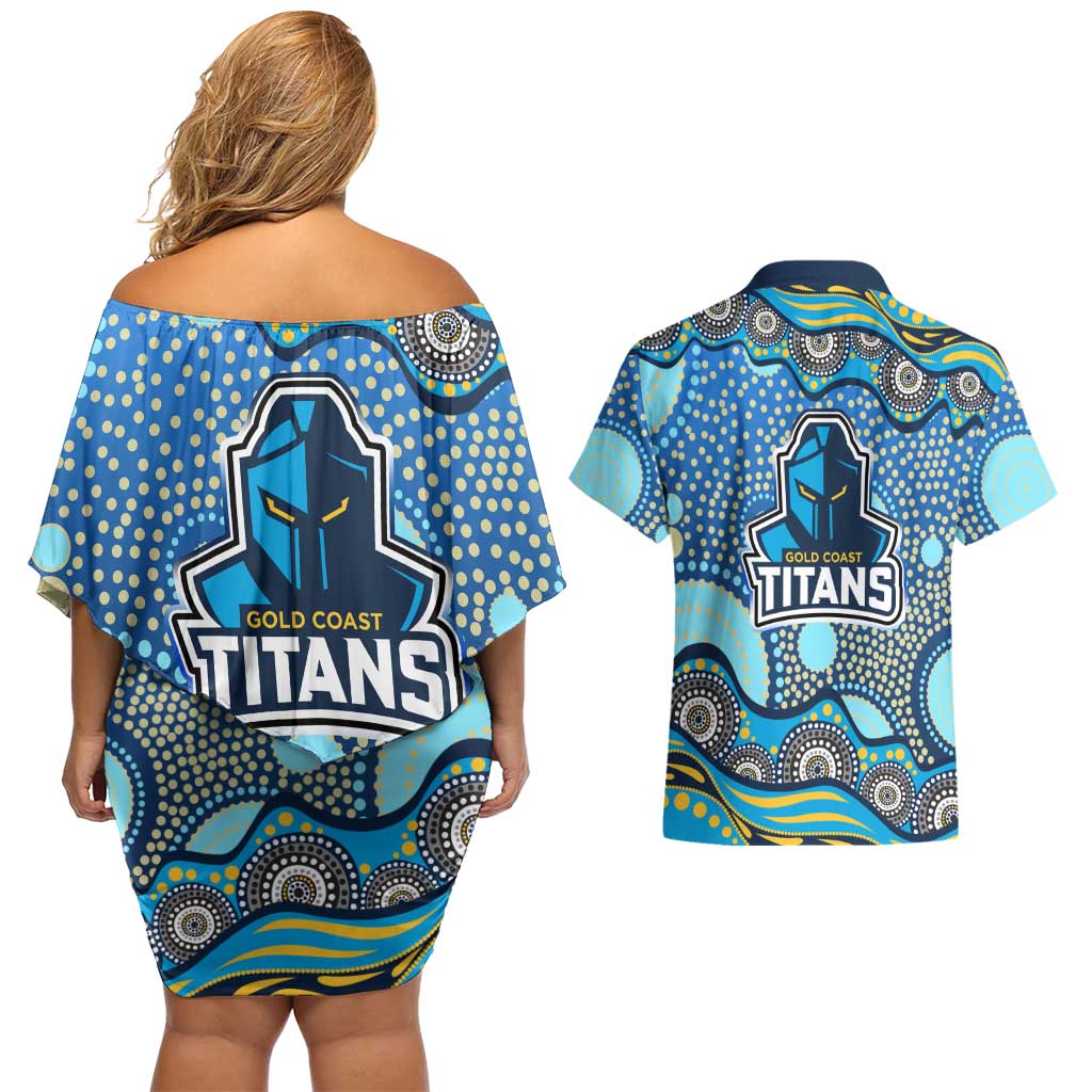 Gold Coast Titans Couples Matching Off Shoulder Short Dress and Hawaiian Shirt Aboriginal Dot Pattern - Rugby Mascot Heritage Pride