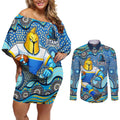 Gold Coast Titans Couples Matching Off Shoulder Short Dress and Long Sleeve Button Shirt Aboriginal Dot Pattern - Rugby Mascot Heritage Pride