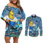 Gold Coast Titans Couples Matching Off Shoulder Short Dress and Long Sleeve Button Shirt Aboriginal Dot Pattern - Rugby Mascot Heritage Pride