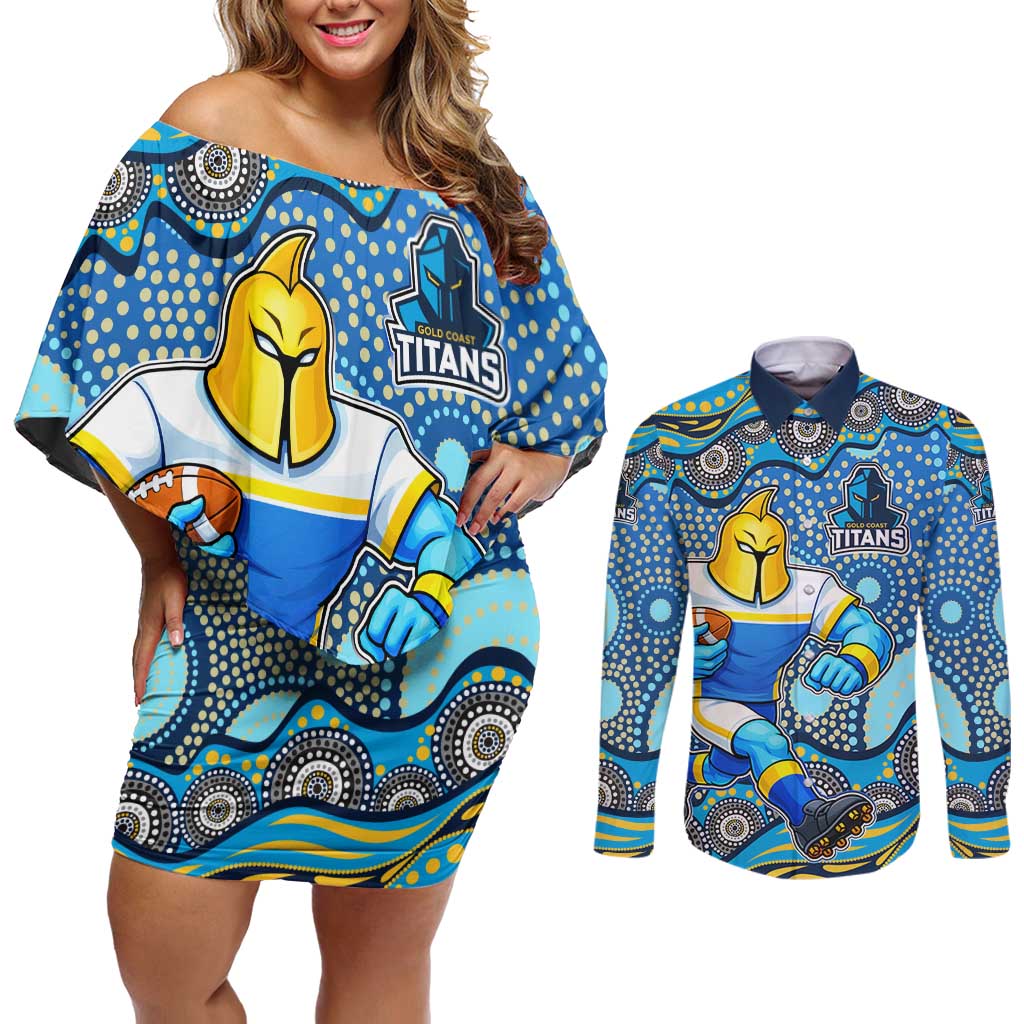 Gold Coast Titans Couples Matching Off Shoulder Short Dress and Long Sleeve Button Shirt Aboriginal Dot Pattern - Rugby Mascot Heritage Pride