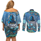 Gold Coast Titans Couples Matching Off Shoulder Short Dress and Long Sleeve Button Shirt Aboriginal Dot Pattern - Rugby Mascot Heritage Pride