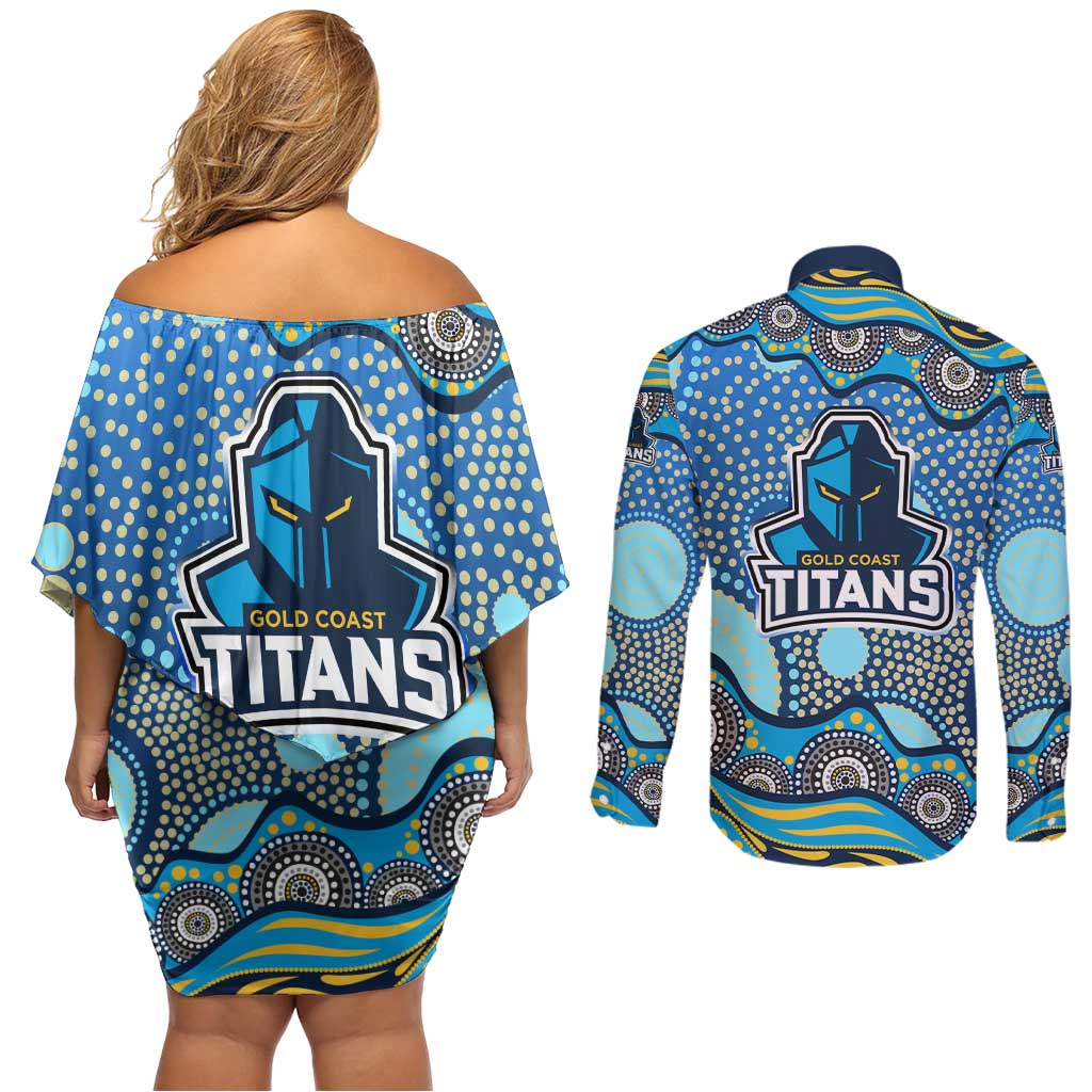 Gold Coast Titans Couples Matching Off Shoulder Short Dress and Long Sleeve Button Shirt Aboriginal Dot Pattern - Rugby Mascot Heritage Pride