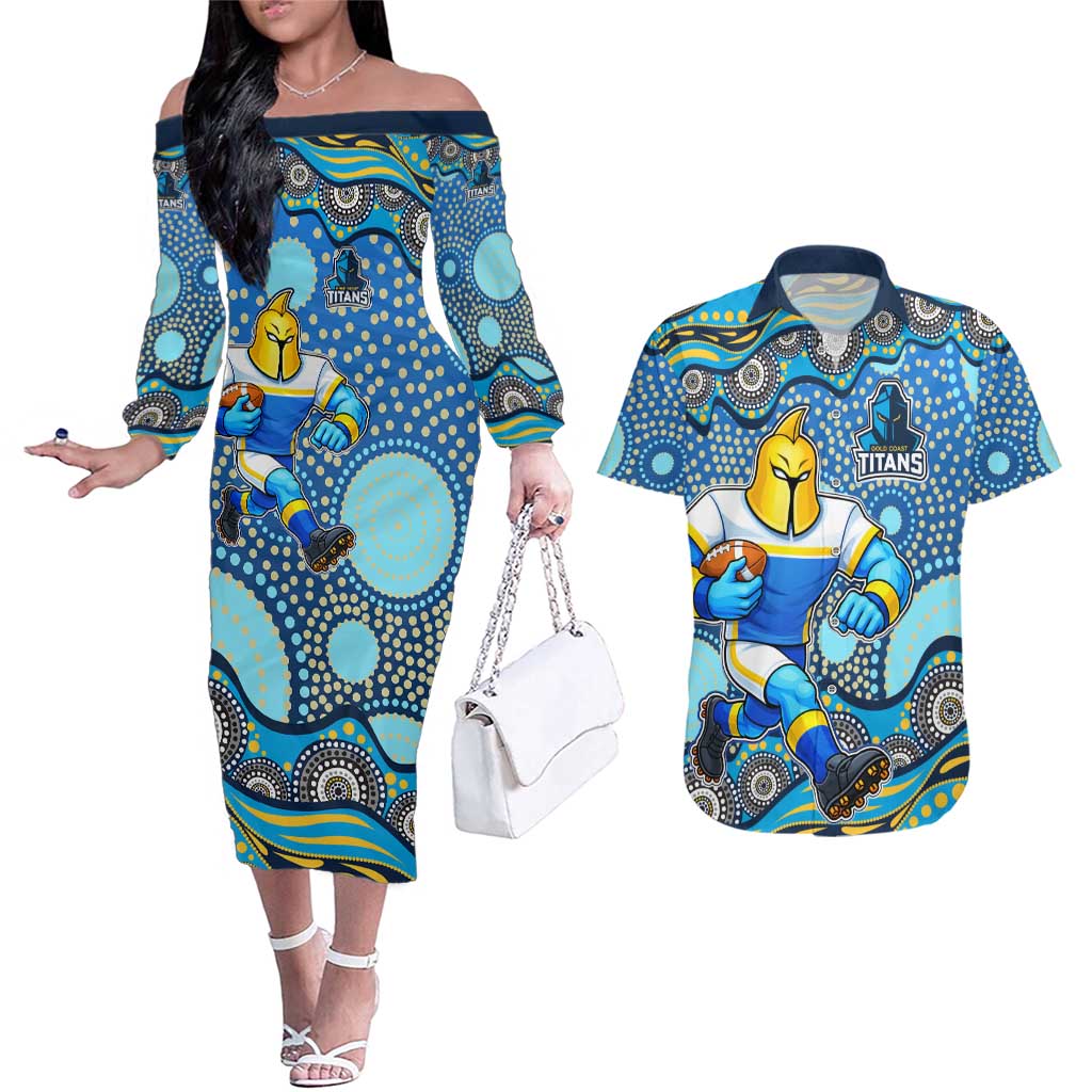 Gold Coast Titans Couples Matching Off The Shoulder Long Sleeve Dress and Hawaiian Shirt Aboriginal Dot Pattern - Rugby Mascot Heritage Pride