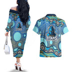 Gold Coast Titans Couples Matching Off The Shoulder Long Sleeve Dress and Hawaiian Shirt Aboriginal Dot Pattern - Rugby Mascot Heritage Pride
