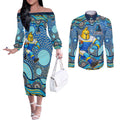 Gold Coast Titans Couples Matching Off The Shoulder Long Sleeve Dress and Long Sleeve Button Shirt Aboriginal Dot Pattern - Rugby Mascot Heritage Pride