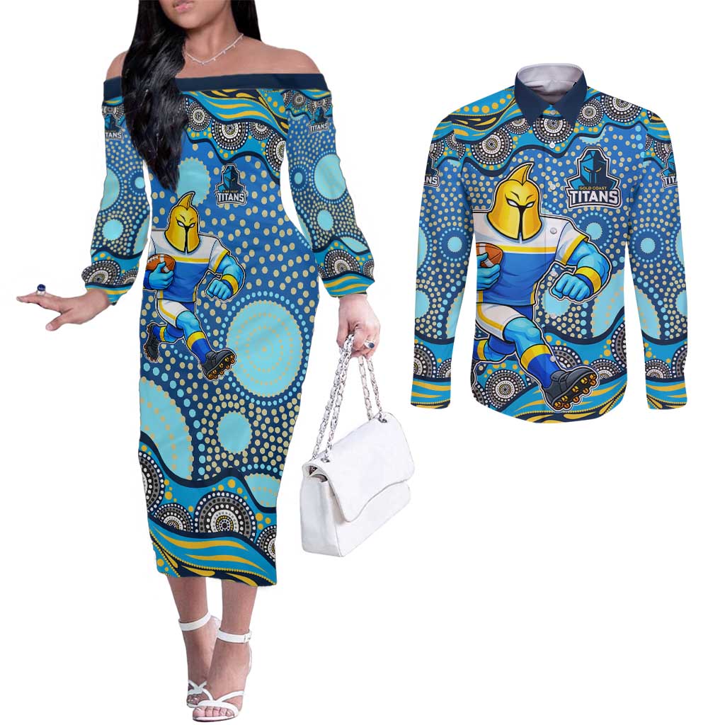 Gold Coast Titans Couples Matching Off The Shoulder Long Sleeve Dress and Long Sleeve Button Shirt Aboriginal Dot Pattern - Rugby Mascot Heritage Pride