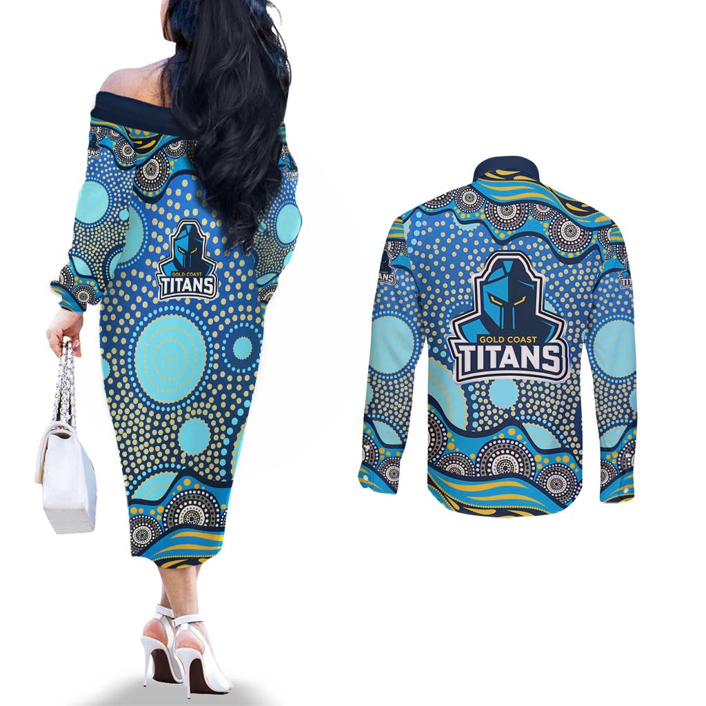 Gold Coast Titans Couples Matching Off The Shoulder Long Sleeve Dress and Long Sleeve Button Shirt Aboriginal Dot Pattern - Rugby Mascot Heritage Pride
