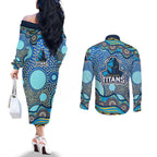 Gold Coast Titans Couples Matching Off The Shoulder Long Sleeve Dress and Long Sleeve Button Shirt Aboriginal Dot Pattern - Rugby Mascot Heritage Pride