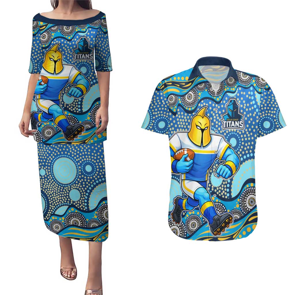 Gold Coast Titans Couples Matching Puletasi and Hawaiian Shirt Aboriginal Dot Pattern - Rugby Mascot Heritage Pride