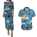 Gold Coast Titans Couples Matching Puletasi and Hawaiian Shirt Aboriginal Dot Pattern - Rugby Mascot Heritage Pride