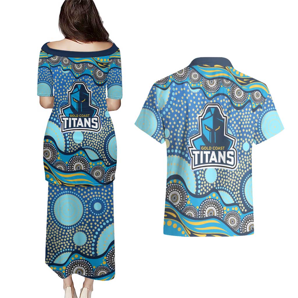 Gold Coast Titans Couples Matching Puletasi and Hawaiian Shirt Aboriginal Dot Pattern - Rugby Mascot Heritage Pride