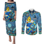 Gold Coast Titans Couples Matching Puletasi and Long Sleeve Button Shirt Aboriginal Dot Pattern - Rugby Mascot Heritage Pride