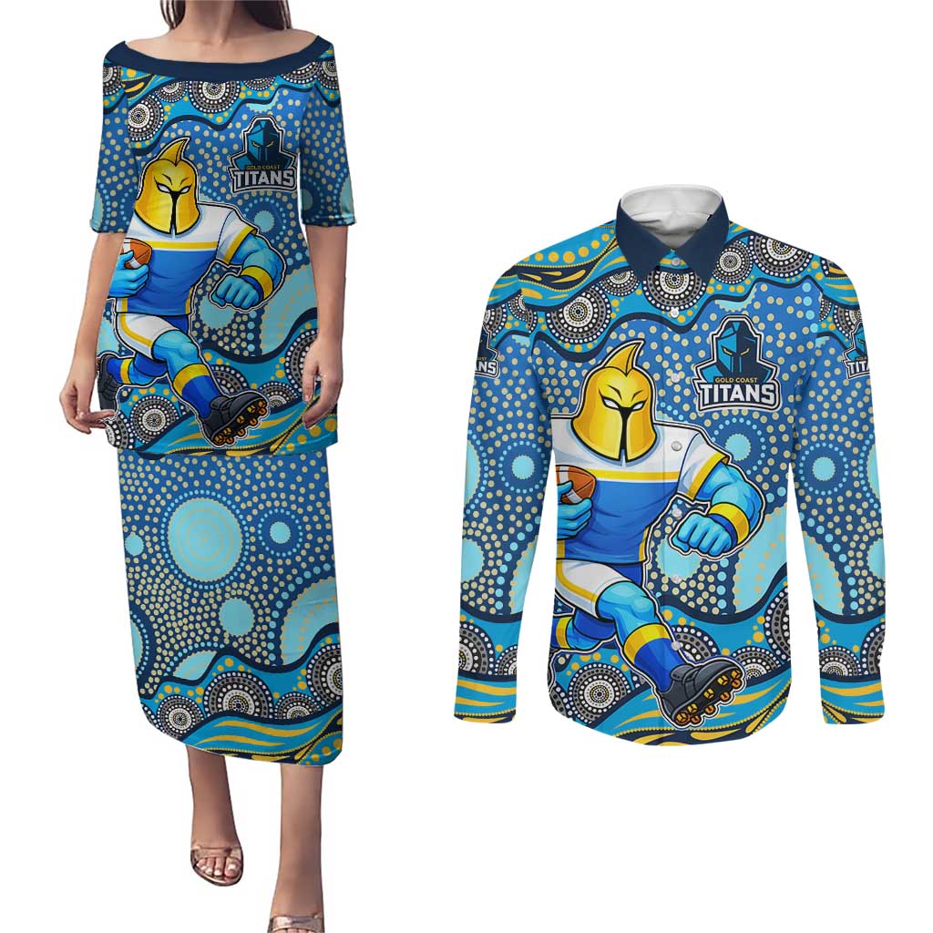 Gold Coast Titans Couples Matching Puletasi and Long Sleeve Button Shirt Aboriginal Dot Pattern - Rugby Mascot Heritage Pride