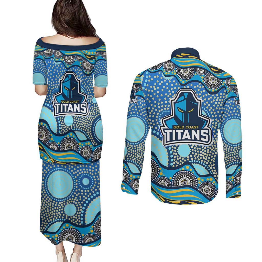 Gold Coast Titans Couples Matching Puletasi and Long Sleeve Button Shirt Aboriginal Dot Pattern - Rugby Mascot Heritage Pride