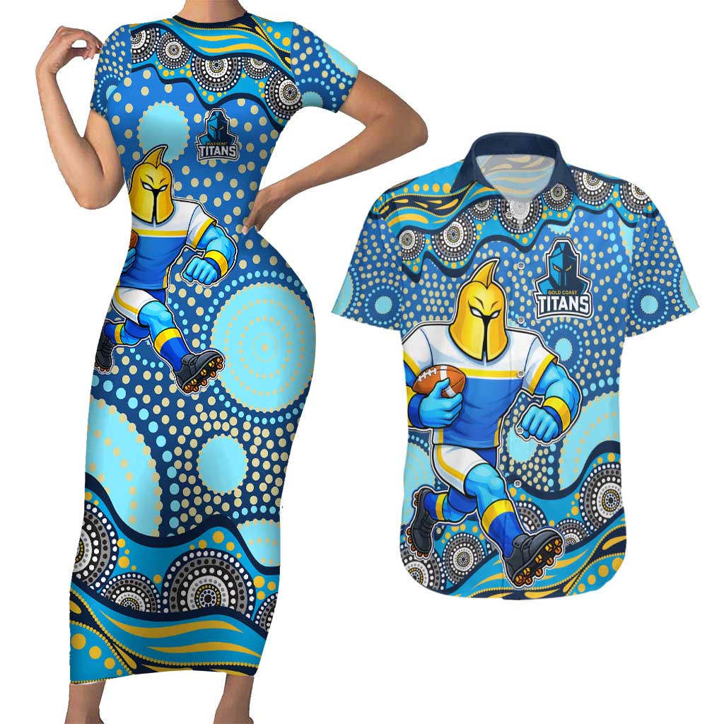 Gold Coast Titans Couples Matching Short Sleeve Bodycon Dress and Hawaiian Shirt Aboriginal Dot Pattern - Rugby Mascot Heritage Pride
