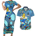 Gold Coast Titans Couples Matching Short Sleeve Bodycon Dress and Hawaiian Shirt Aboriginal Dot Pattern - Rugby Mascot Heritage Pride