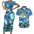 Gold Coast Titans Couples Matching Short Sleeve Bodycon Dress and Hawaiian Shirt Aboriginal Dot Pattern - Rugby Mascot Heritage Pride