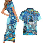 Gold Coast Titans Couples Matching Short Sleeve Bodycon Dress and Hawaiian Shirt Aboriginal Dot Pattern - Rugby Mascot Heritage Pride