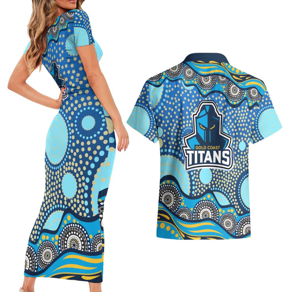 Gold Coast Titans Couples Matching Short Sleeve Bodycon Dress and Hawaiian Shirt Aboriginal Dot Pattern - Rugby Mascot Heritage Pride