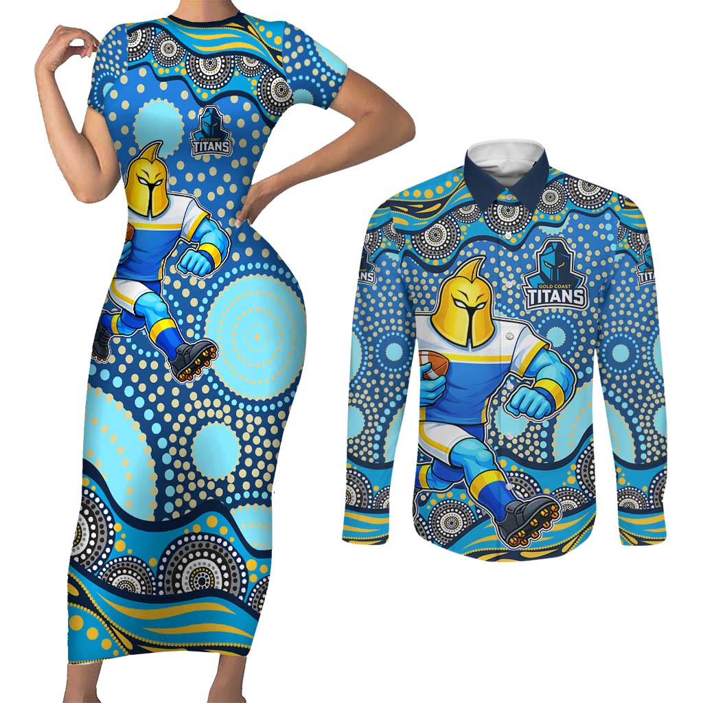 Gold Coast Titans Couples Matching Short Sleeve Bodycon Dress and Long Sleeve Button Shirt Aboriginal Dot Pattern - Rugby Mascot Heritage Pride