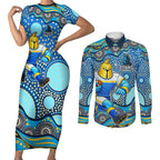 Gold Coast Titans Couples Matching Short Sleeve Bodycon Dress and Long Sleeve Button Shirt Aboriginal Dot Pattern - Rugby Mascot Heritage Pride