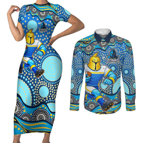 Gold Coast Titans Couples Matching Short Sleeve Bodycon Dress and Long Sleeve Button Shirt Aboriginal Dot Pattern - Rugby Mascot Heritage Pride