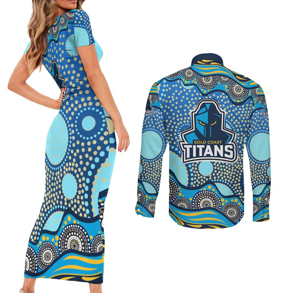 Gold Coast Titans Couples Matching Short Sleeve Bodycon Dress and Long Sleeve Button Shirt Aboriginal Dot Pattern - Rugby Mascot Heritage Pride