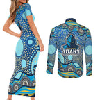 Gold Coast Titans Couples Matching Short Sleeve Bodycon Dress and Long Sleeve Button Shirt Aboriginal Dot Pattern - Rugby Mascot Heritage Pride