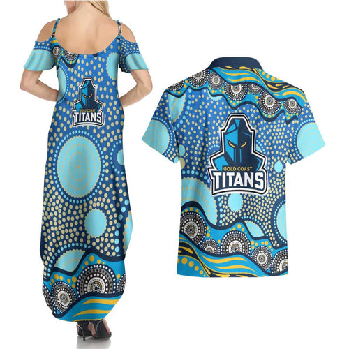 Gold Coast Titans Couples Matching Summer Maxi Dress and Hawaiian Shirt Aboriginal Dot Pattern - Rugby Mascot Heritage Pride