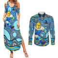 Gold Coast Titans Couples Matching Summer Maxi Dress and Long Sleeve Button Shirt Aboriginal Dot Pattern - Rugby Mascot Heritage Pride