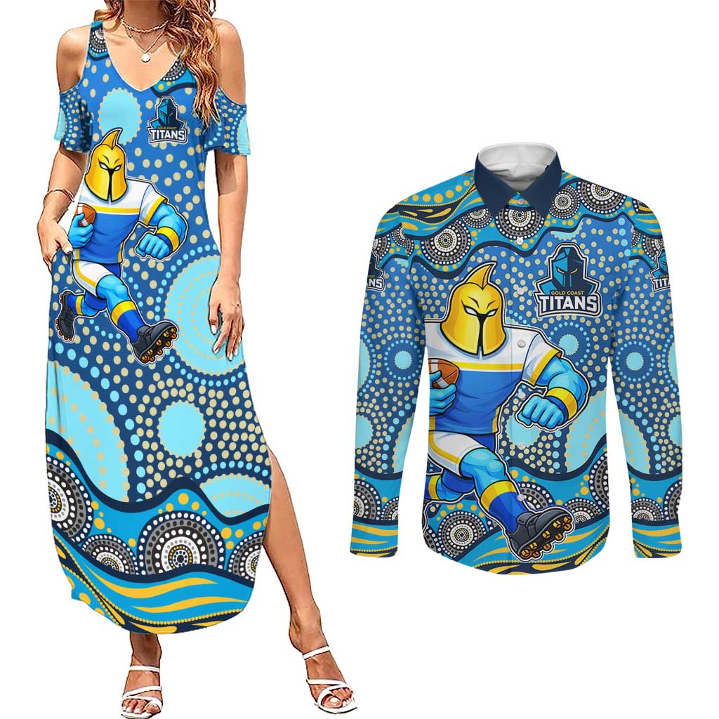 Gold Coast Titans Couples Matching Summer Maxi Dress and Long Sleeve Button Shirt Aboriginal Dot Pattern - Rugby Mascot Heritage Pride