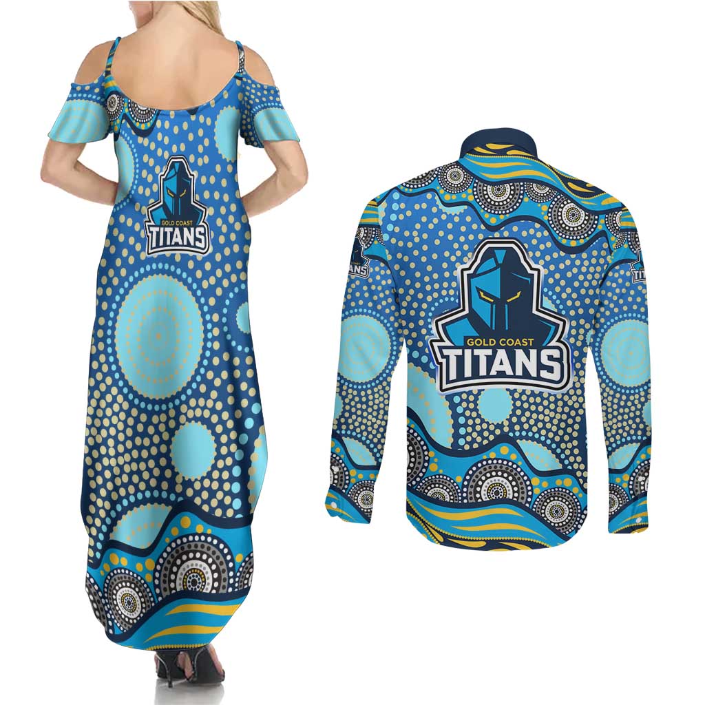 Gold Coast Titans Couples Matching Summer Maxi Dress and Long Sleeve Button Shirt Aboriginal Dot Pattern - Rugby Mascot Heritage Pride