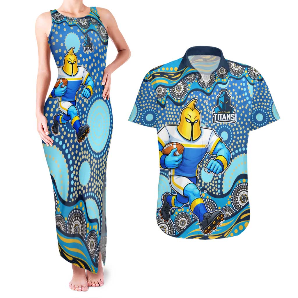 Gold Coast Titans Couples Matching Tank Maxi Dress and Hawaiian Shirt Aboriginal Dot Pattern - Rugby Mascot Heritage Pride