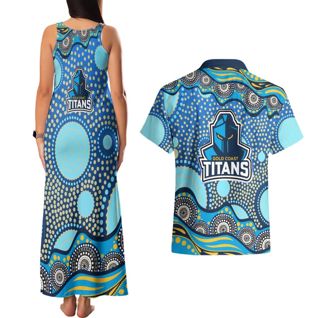 Gold Coast Titans Couples Matching Tank Maxi Dress and Hawaiian Shirt Aboriginal Dot Pattern - Rugby Mascot Heritage Pride