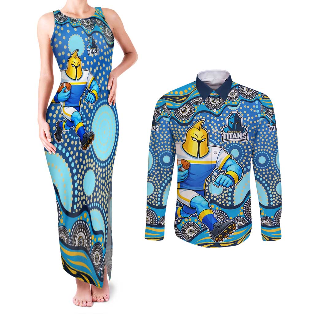 Gold Coast Titans Couples Matching Tank Maxi Dress and Long Sleeve Button Shirt Aboriginal Dot Pattern - Rugby Mascot Heritage Pride