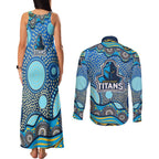 Gold Coast Titans Couples Matching Tank Maxi Dress and Long Sleeve Button Shirt Aboriginal Dot Pattern - Rugby Mascot Heritage Pride