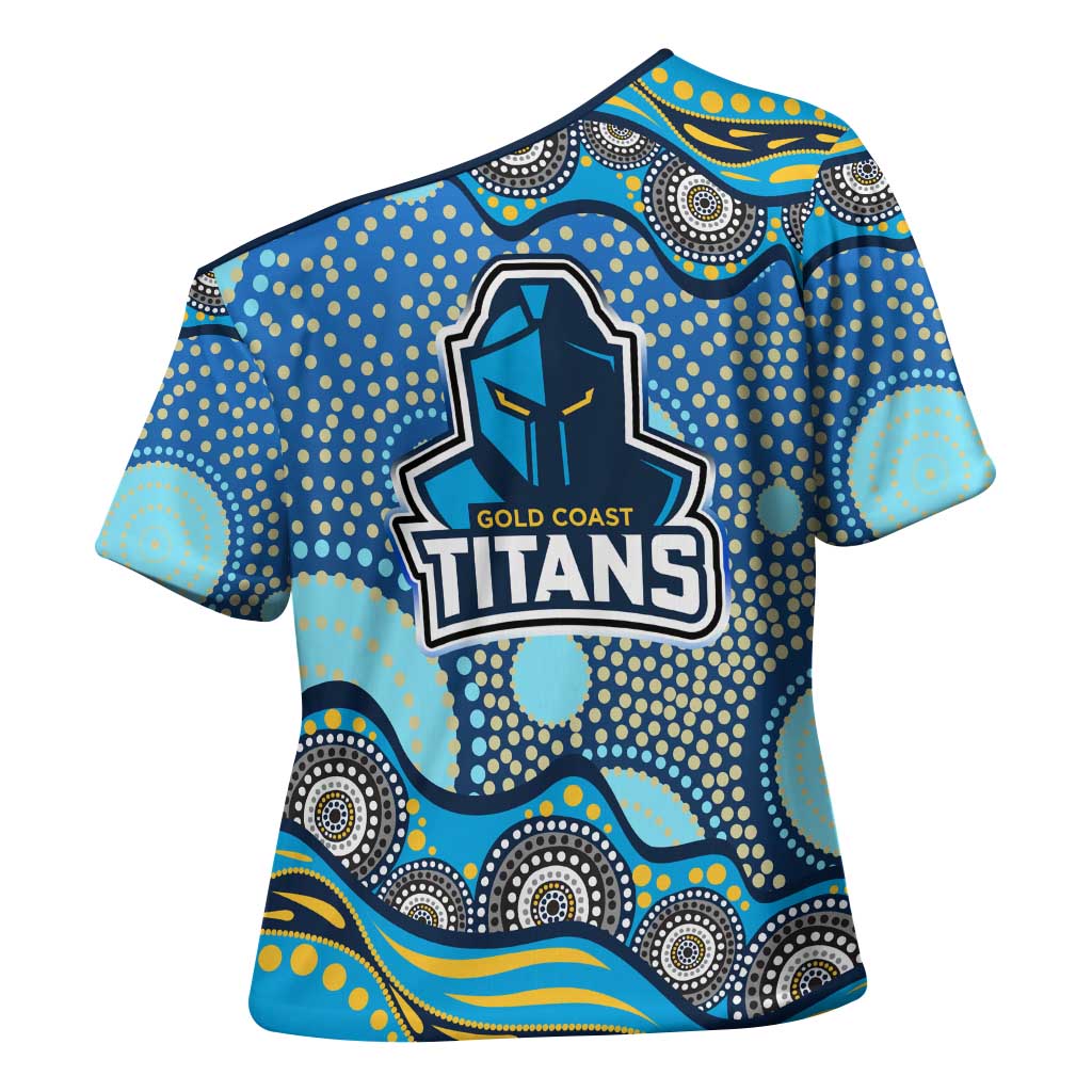 Gold Coast Titans Cross Shoulder Shirt Aboriginal Dot Pattern - Rugby Mascot Heritage Pride