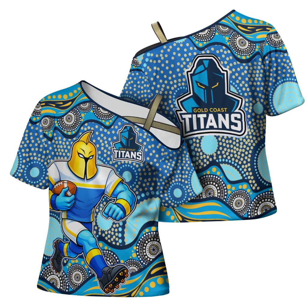 Gold Coast Titans Cross Shoulder Shirt Aboriginal Dot Pattern - Rugby Mascot Heritage Pride