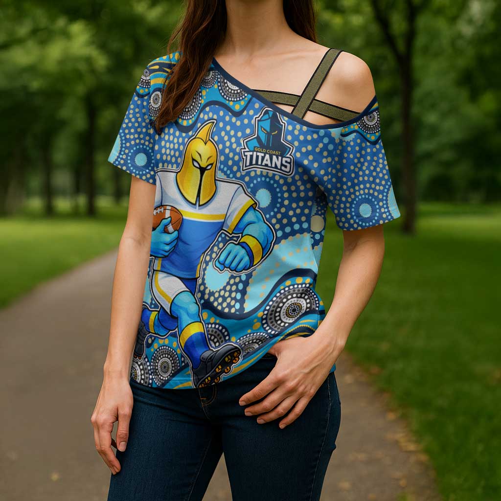 Gold Coast Titans Cross Shoulder Shirt Aboriginal Dot Pattern - Rugby Mascot Heritage Pride